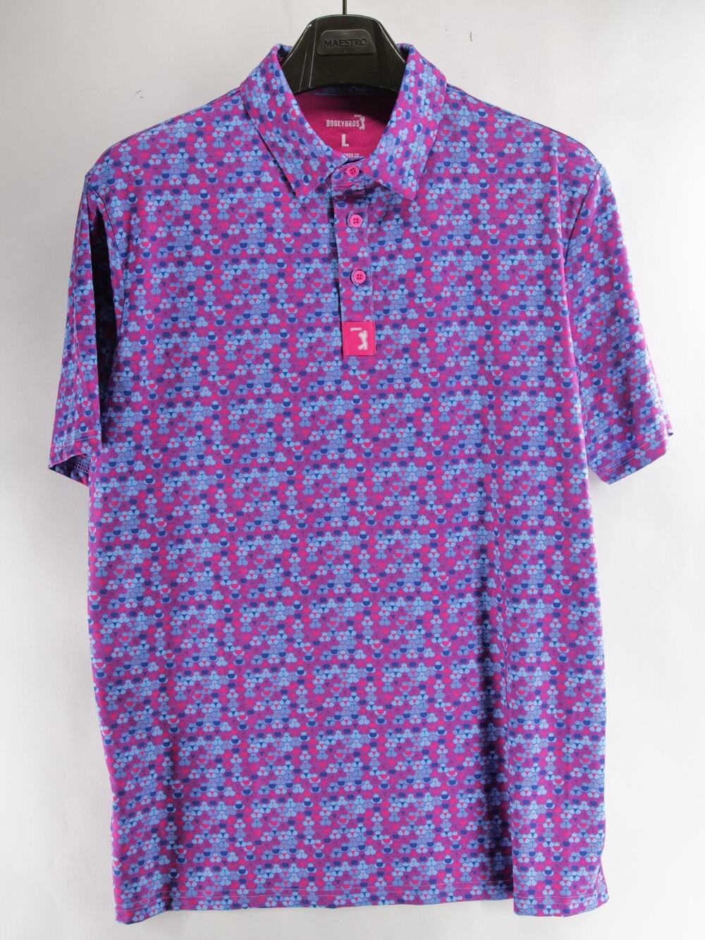 Bogey Bros Men L Golf Polo Shirt Pink Blue Geometric Mermaid Scale Performance